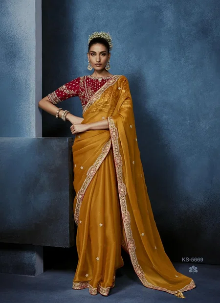 Yellow Colour Masakali Vol 15 By Kimora Pure Fancy Embroidery Work Designer Saree Ks 5669